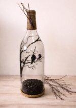 Γυάλινο μπουκάλι ζωγραφισμένο και διακοσμημένο στο χέρι - birds