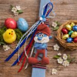 Λαμπάδα πλακέ χρώμα γαλάζιο με ξύλινο στοιχείο