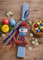 Λαμπάδα πλακέ χρώμα γαλάζιο με ξύλινο στοιχείο