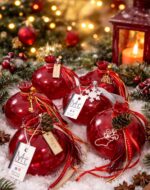 Γυάλινο ρόδι 10 cm σε κόκκινο χρώμα με χριστουγεννιάτικη διακόσμηση