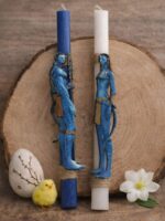 Λαμπάδες χρώμα λευκό & μπλε, τετράγωνο σχημα, με ξύλινα διακοσμητικά