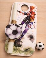 Λαμπάδα στρόγγυλη, χρώμα λευκό με ξύλινο στοιχείο Football & ξύλινη πλάτη